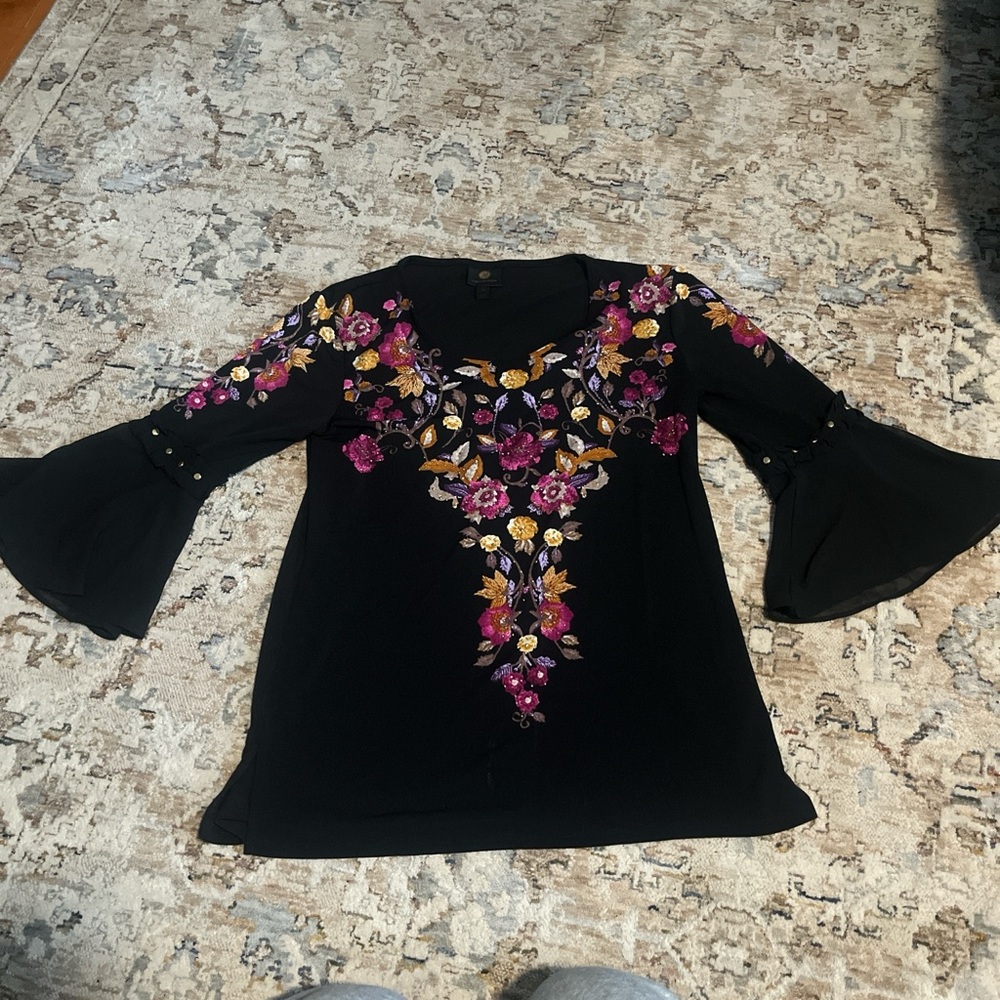 Petite Floral Black Blouse Bell Sleeve